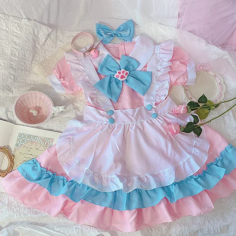 Tenue Cosplay de Femme de Chambre en Dentelle Rose et Bleue, Ensemble Complet de Robes Lolita Patte de Chat, Grande Taille 5XL