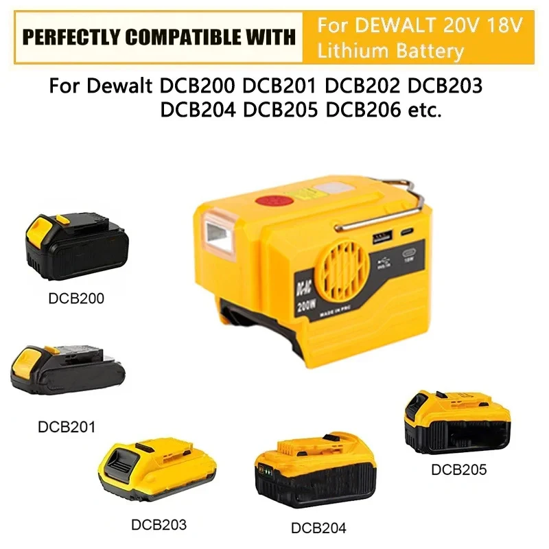 200W Power Inverter Generator for Dewalt 18V 20V Battery, Portable DC 20V to AC 120V/220V Adapter with USB&Type-C Port,LED Light