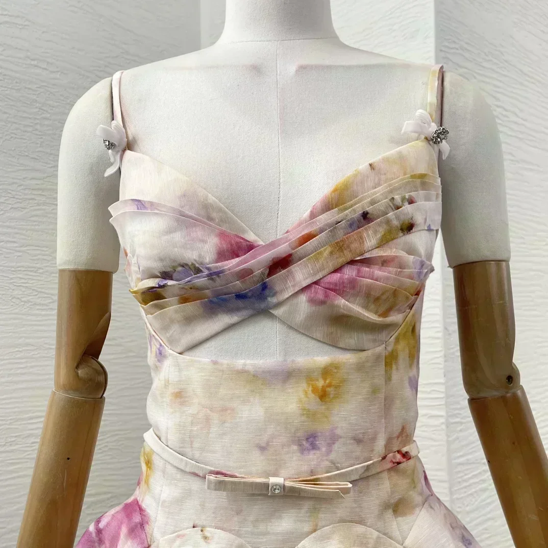 Overlappende plooi Ontwerp 2025, nieuwe hete bloemenprint linnen zijde uitgesneden strapless dames spaghetti taille mini-jurk