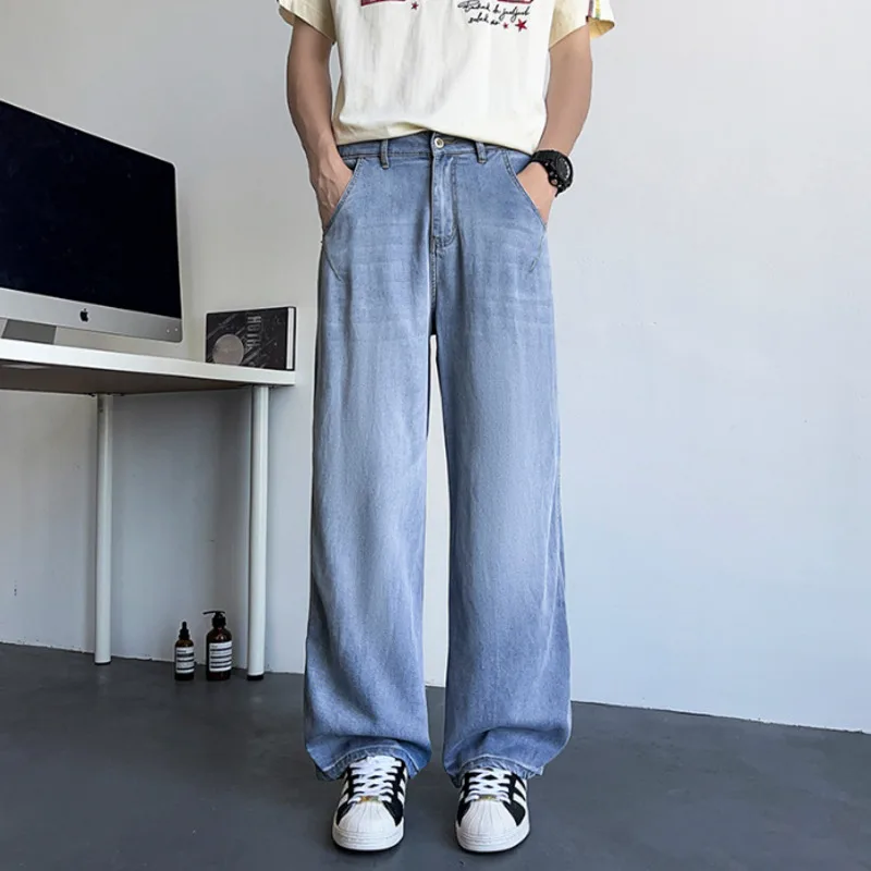 2025 new summer men's thin straight leg American jeans trendy brand loose casual versatile simple solid color pants BY103