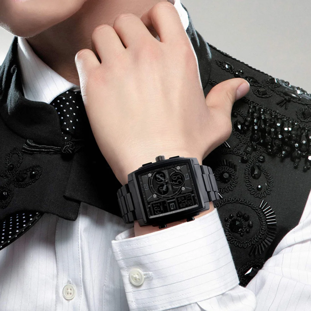 

Men'S Square Military Sports Watch Black Pu Rubber Band 50M Waterproof El Backlight 3 Analog Digital Display
