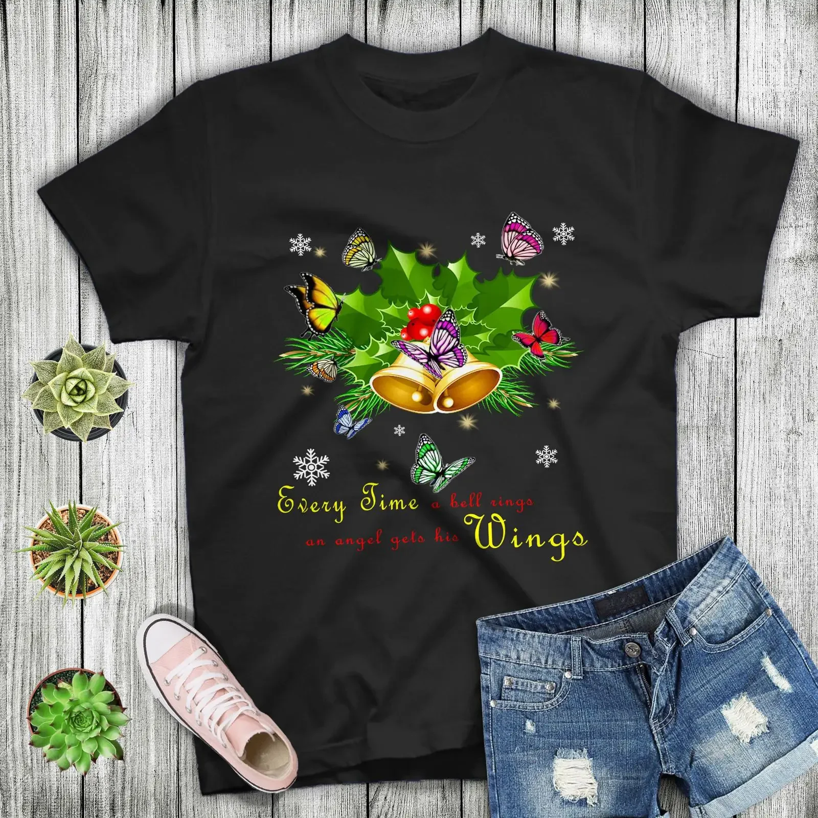 Christmas T Shirt Every Time A Bell Rings An Angel Gets His Wings For Women vintage Washed graphic Comfortable Unisex