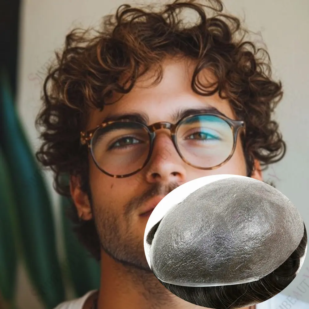 

Мужской парик-протез из натуральных волос, 28 мм, кудрявый, незаметный, супертонкий (0,02 мм), темно-русый/коричнево-серый, плотность 80%