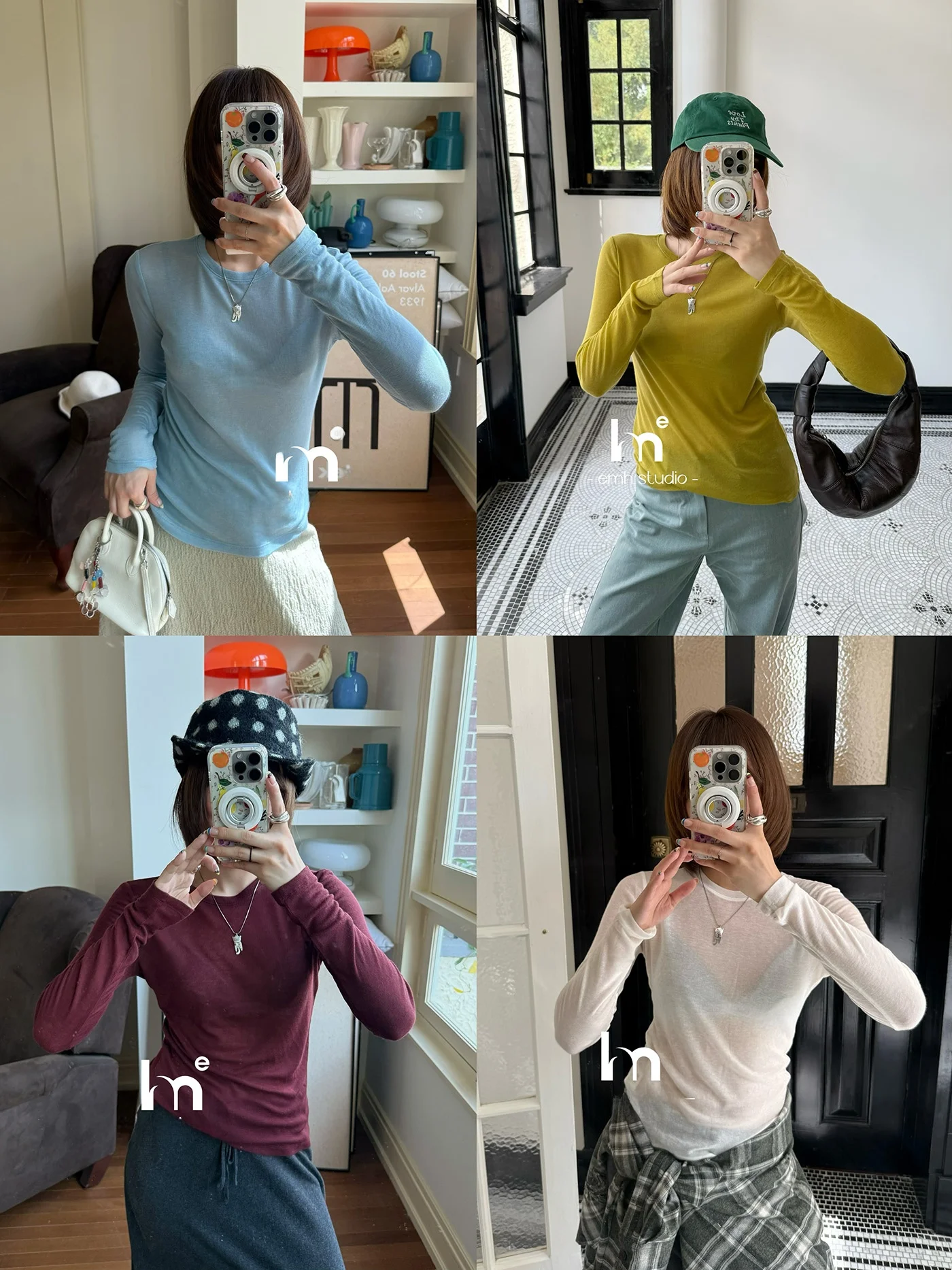 

EMH 5-Color Merino Wool Knitted Slim Fit Long Sve Base irt Cleanfit Sle Regular Sve round Ne Thin Autumn Ladies T...