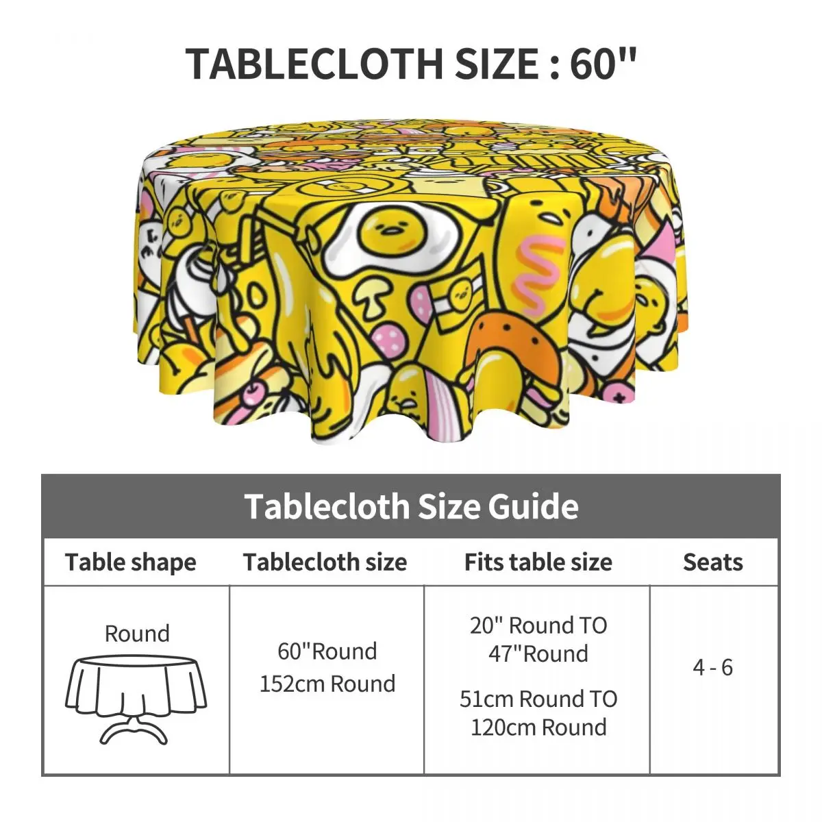 Cute G-Gudetama Tablecloth Egg Polyester Round Table Cover Modern Custom DIY Table Cloth For Home Picnic Events Party