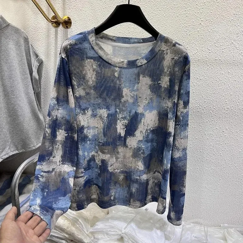 

Autumn American Retro Fashion Tie-dye Long-sleeved T-shirt Women's Design Niche Sun Protection Blouse Slightly See-through Top