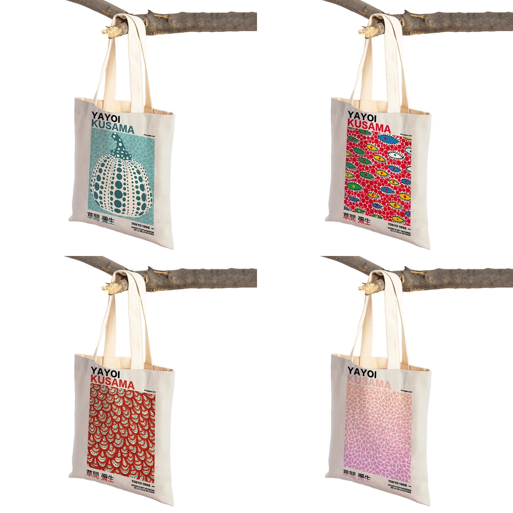Japan Yayoi Kusama Dots Pumpkin Retro Lady Shopping Bags Nordic Shopper Bag Double Print Women Supermarket Handbag Canvas Tote