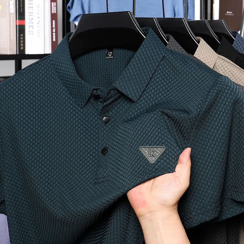 

Summer 2025 Men's High Quality Relief Logo Collar Shirt New Fashionable Business Casual Ice Silk Smooth Breathable Top