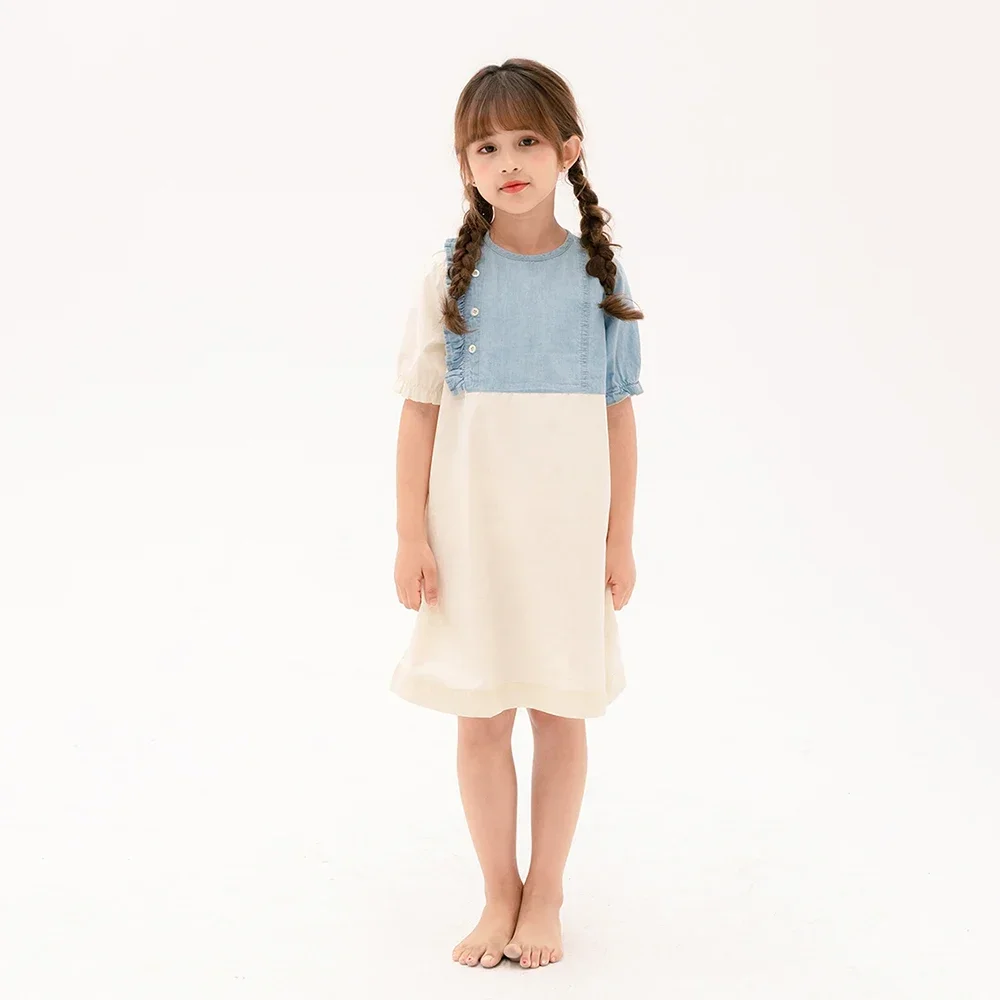 

Girls Denim Dress Patchwork Teen Kids Midi Dress 2024 Baby Girls Clothing Ruched Buttons Fashion Clothes Cute 100% Cotton,#6996