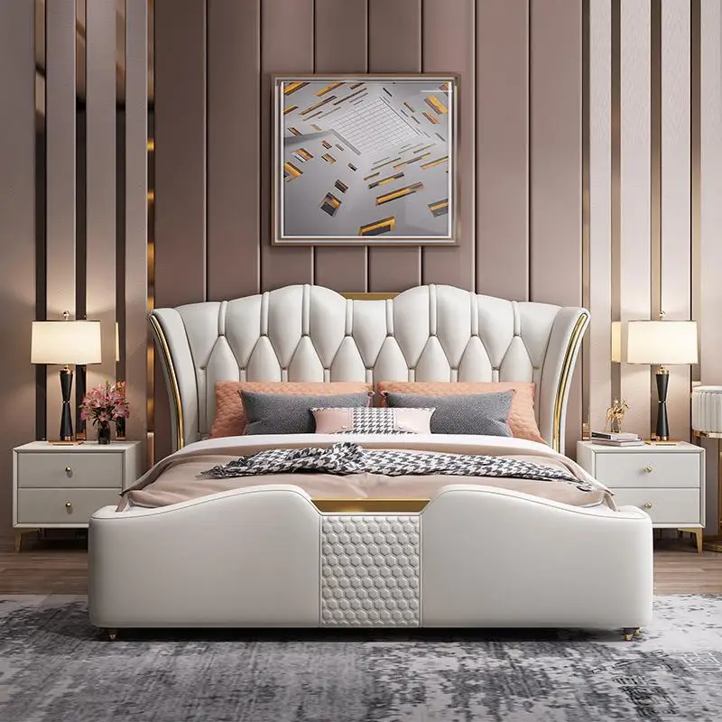 سرير جلدي فاخر خفيف غرفة نوم رئيسية مزدوجة 1.8 متر سرير كبير تخزين الشمال سرير الزفاف أثاث غرفة نوم #2