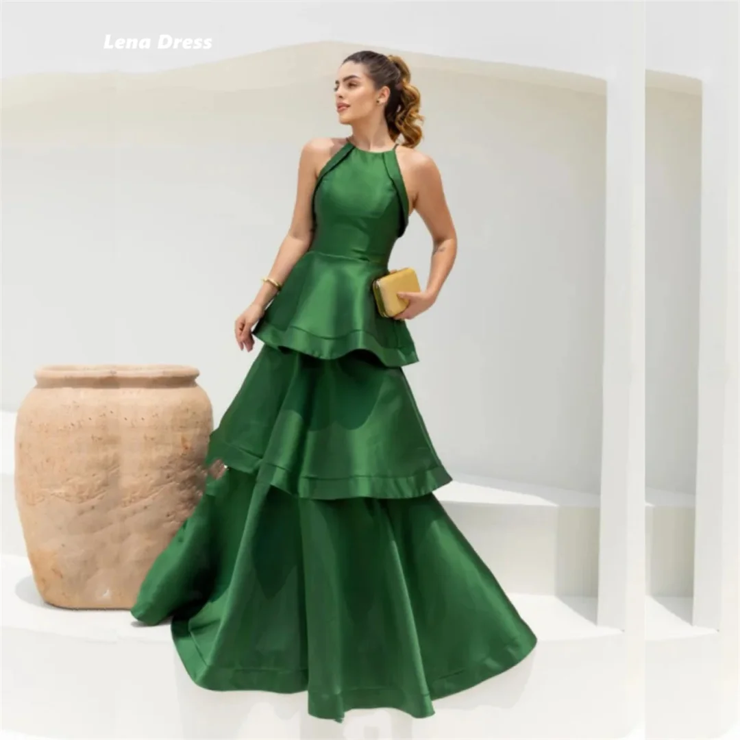 

Lena Halter Neck Elegant Party Dresses Woman Sleeveless Wedding Party Dress Layered Satin Custom Made Women Evening Dress Line A