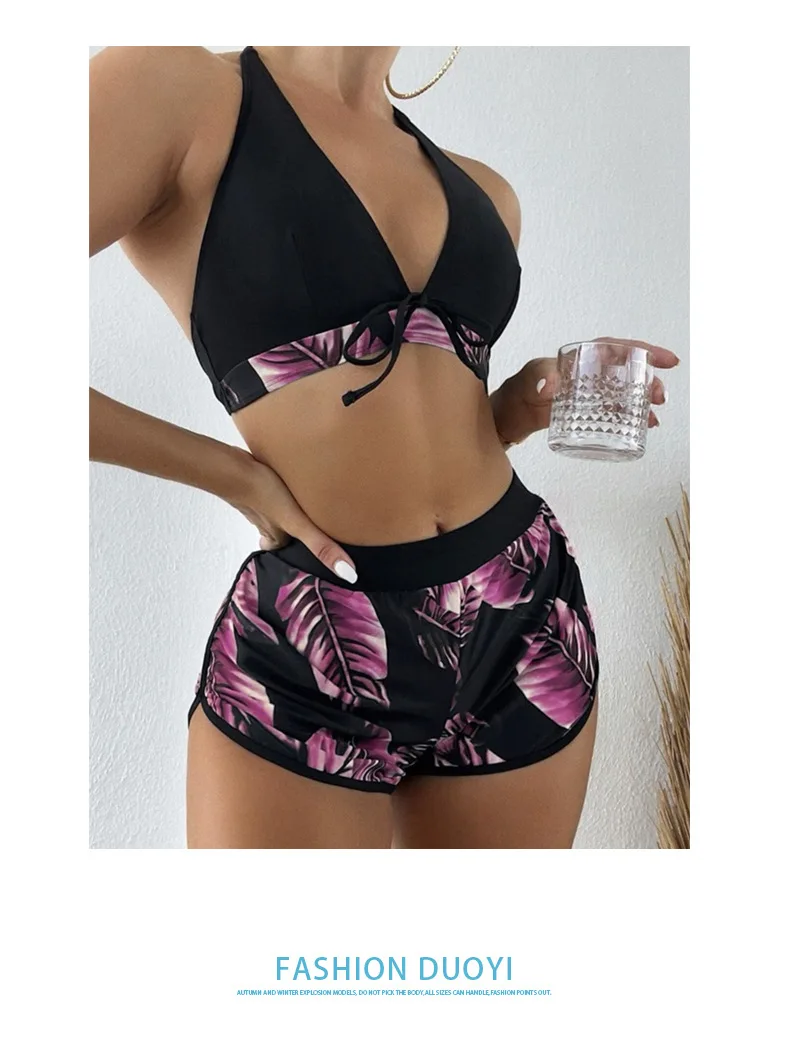 Mujeres 2025 Nuevos Bikinis 6 Colores Sexy Halter Bikini Conjunto de 3 piezas Estampado de hojas Traje de baño de talle 