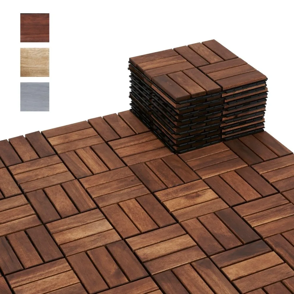 

10 Pieces of 12x12 Inch Acacia Wood Interlocking Deck Tiles, All Weather Outdoor Interlocking Terrace Tiles