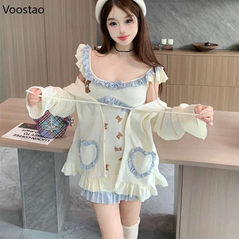 Autumn Kawaii Bear Print Lolita Two Piece Set Women Casual Bow Party Mini Dress Coat Suit Female Princess Korean Elegant Clothes