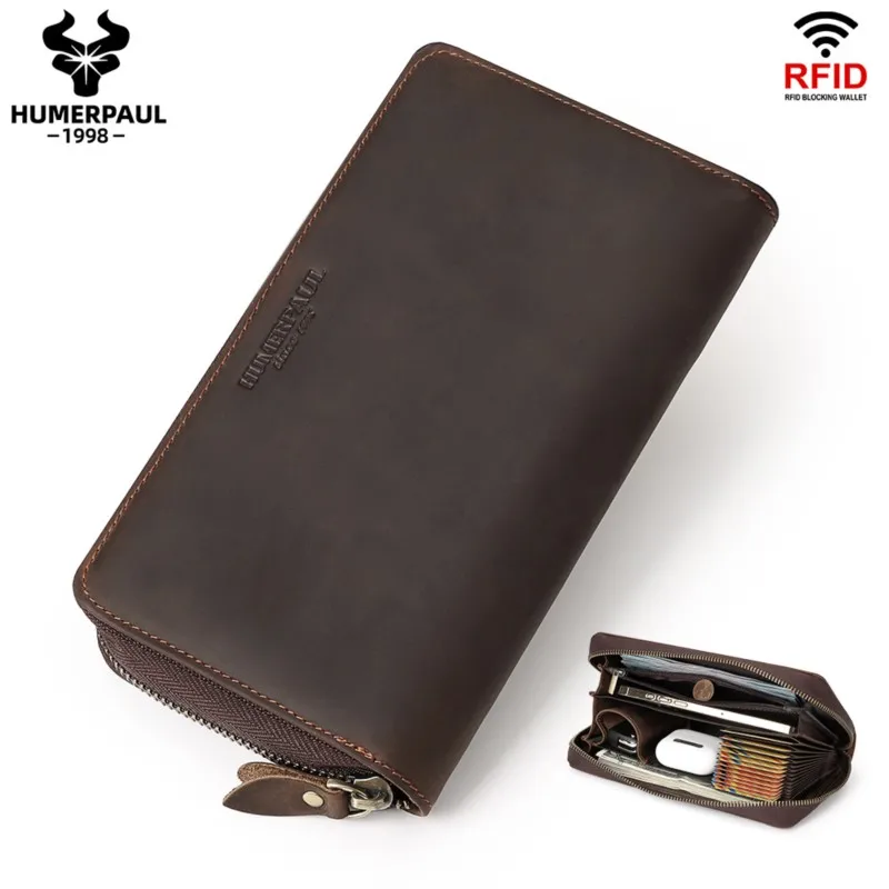 Men's RFID Blocking Genuine Cowhide Retro Zipper Wallet Luxury Long Coin Purse with Hand Strap Multi-Slot Credit Card Holder