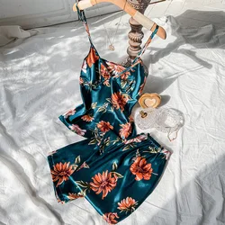 2pcs Summer Women Dress  Printed Suspenders and Long Pants Silk Breathable Backless V-Neck Sling for Home Wear Women Pajamas