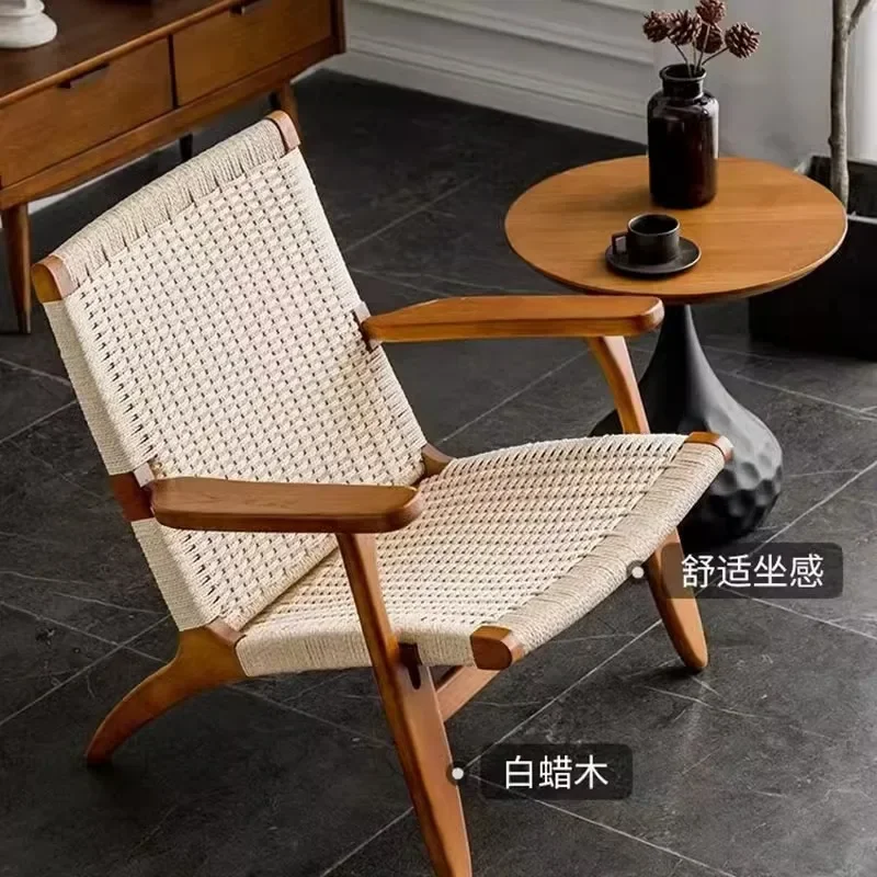 Japanese Ins Single Sofa Chair Wicker Leisure Chair Lazy Wicker Chairs Solid Wood Backrest Chair Balcony Armchair Furniture