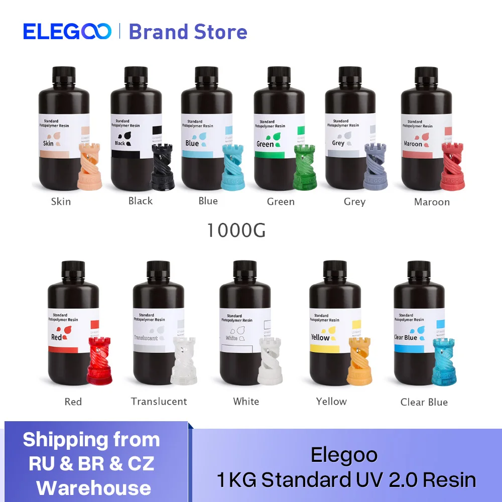 ELEGOO Standard 2.0 3D Printer Resin 1000g Grey Plant-Based Resin Rapid Precise Printing Low Odor 405nm LCD UV-Curing for LCD 3D