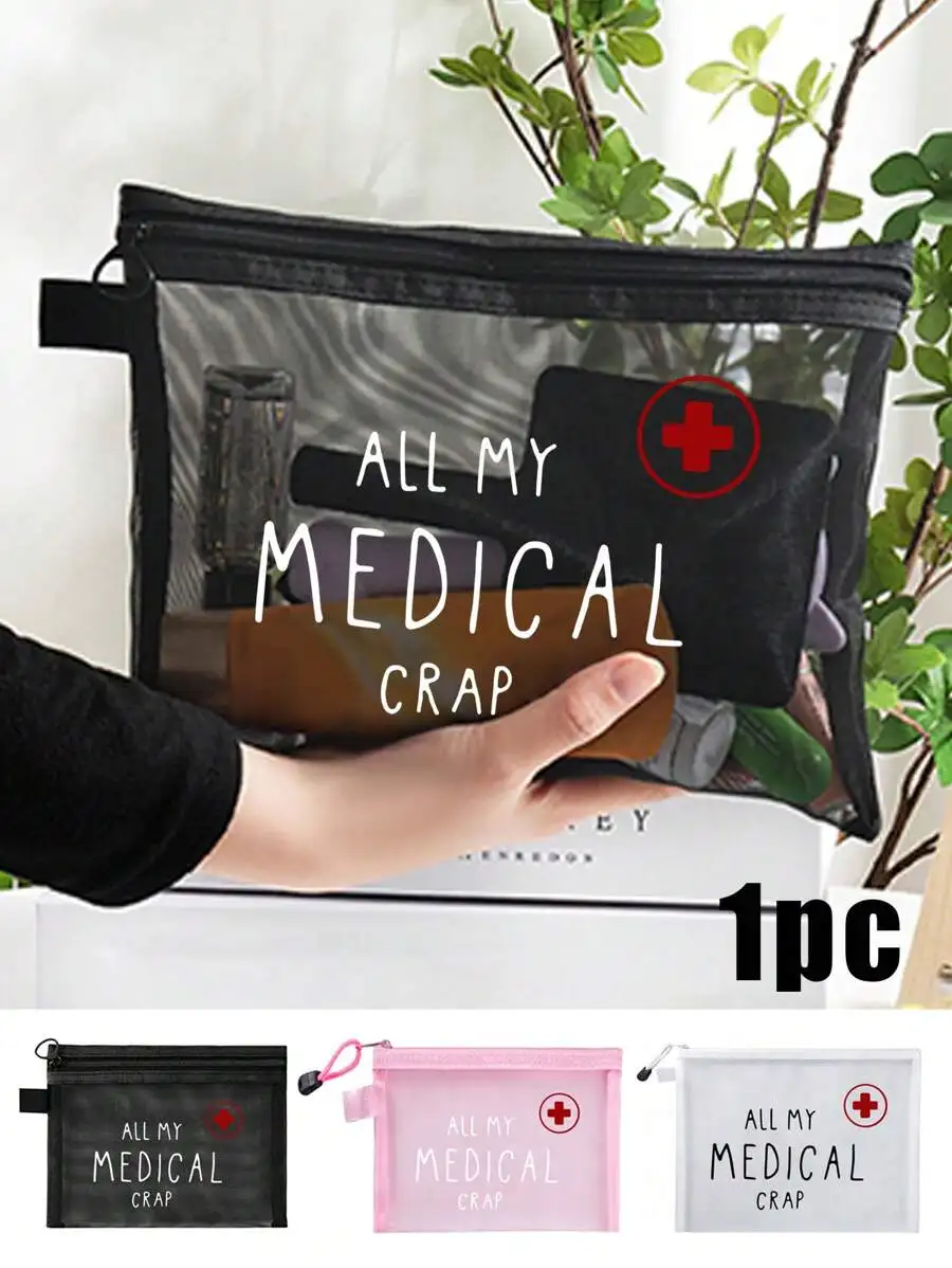

Transparent Mesh Zipper Pouch with Medical Cross Print - Travel & Daily Essentials Organizer