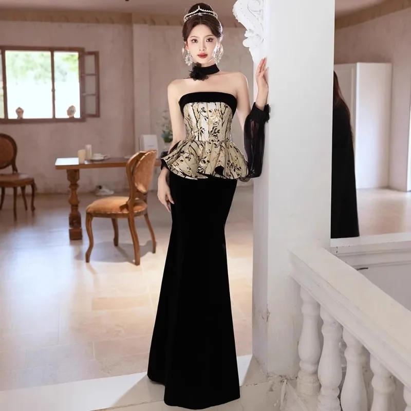 

Vintage Velvet Long Prom Dress Women Black Evening Party Long Dress Elegant Exposed Applique Mermaid Formal Occasion Dresses