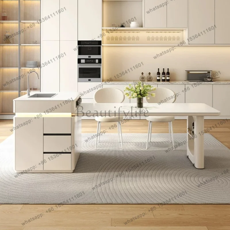 LJY Luxurious Cream Style Sintered Stone Island Dining Table Integrated Extendable Minimalist Modern Kitchen High-end Dining Tab