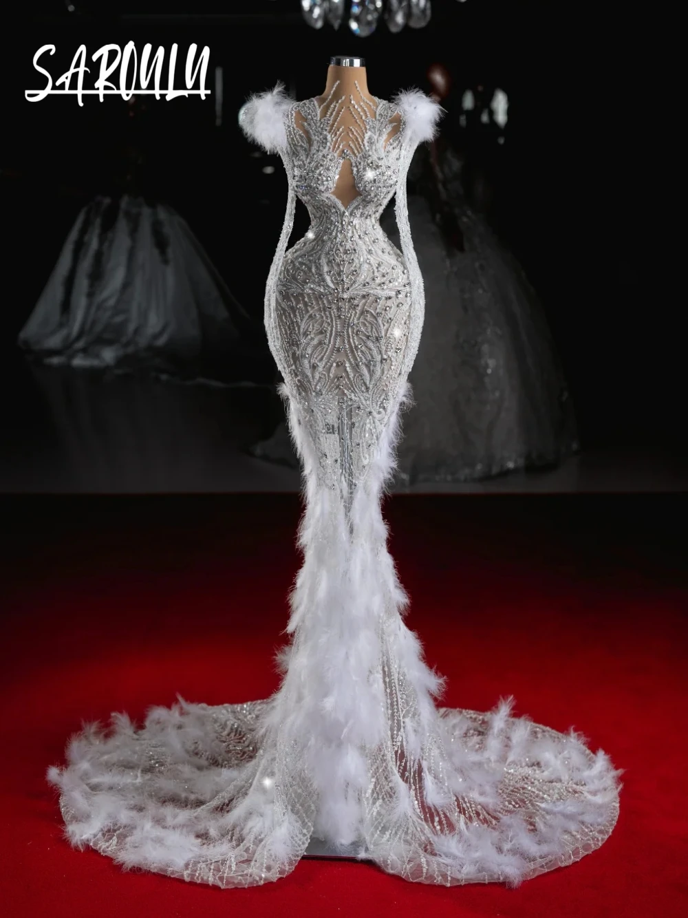 

2026 Dainty Beaded Mermaid Wedding Dress Hand Sewn Feathers Crystals Sexy Cut-out Beautiful Customized Stunning Bridal Gown