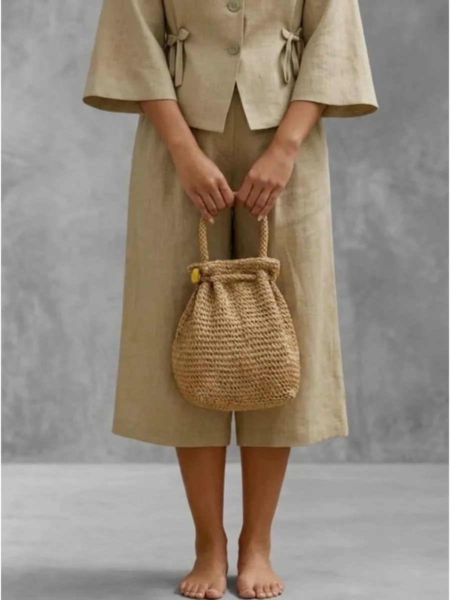 Freeacy Women Khaki Linen Blended High Waist Front Pleated Loose Wide Leg Cropped Pants 2026 Summer Vacation Casual Trousers