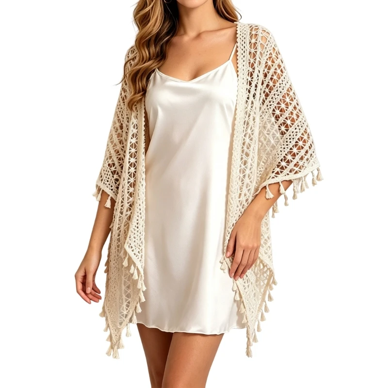 340D Travel Layering Shawl for Women Crochet Fringe Detail Openwork Wrap for Beach Outings and Airy Coverage