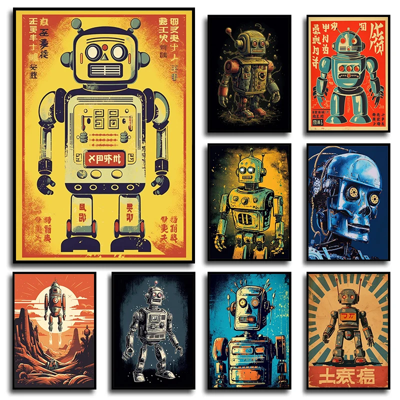 Retro Sci Fi Scrap-Iron Robot on Mars Rocket Space Kid Posters and Prints Canvas Printing Wall Art Picture for Living Room Decor