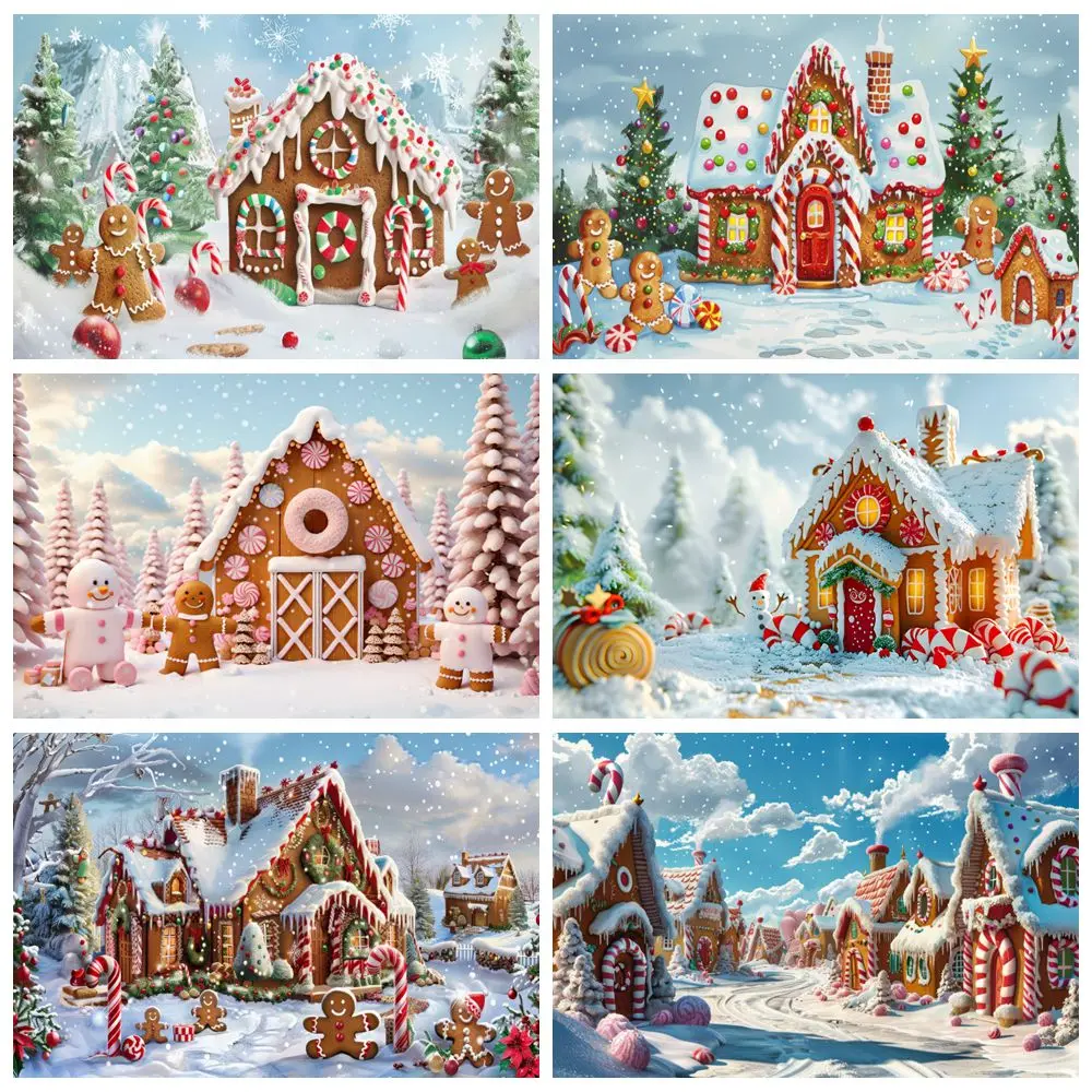 Christmas Gingerbread Man House Backdrop Candy Cane Winter Snow Pine Tree Baby Kids Portrait Photography Background Decor Banner