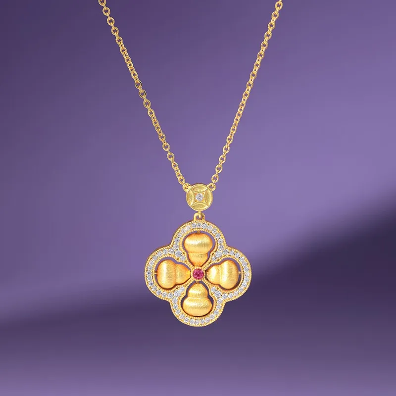 Zhu Bingren Copper Four‑Side Blessing Jewelry Set Brass Necklace Earring Pendant Chinese Style Accessory Festival Gift Art Craft