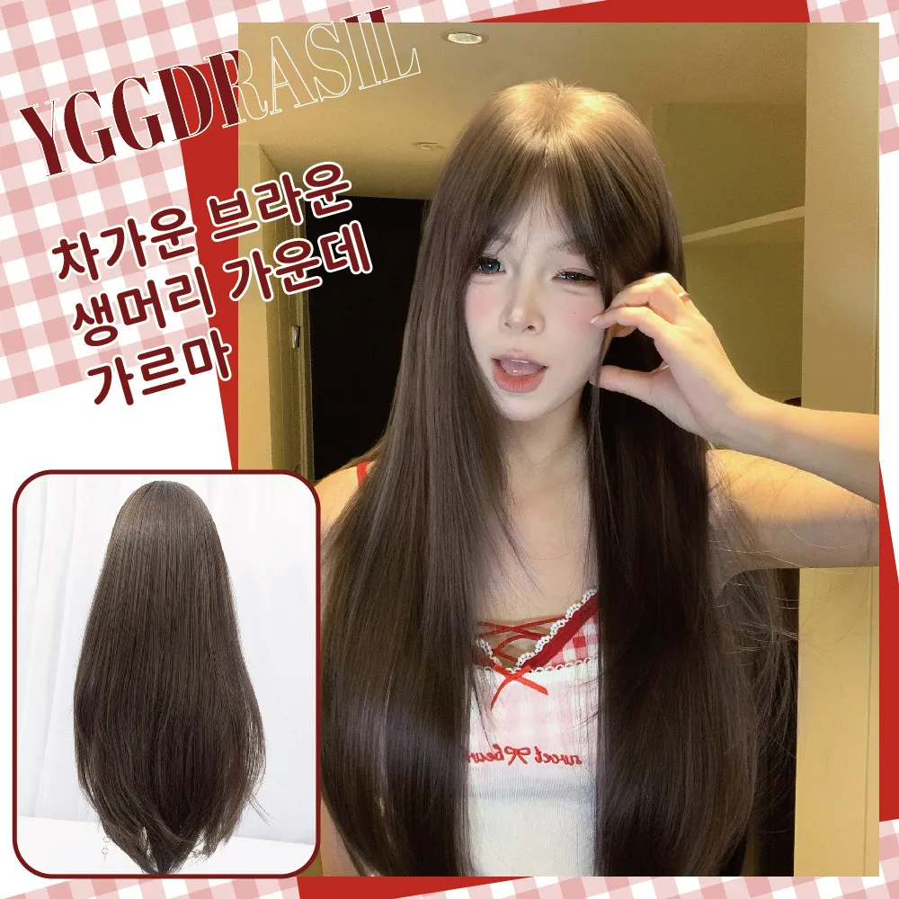 

26Inch Sweet Style Cool Brown Color Synthetic Wigs Middle Part Long Straight Hair Wig For Women Daily Use Cosplay Heat Resistant