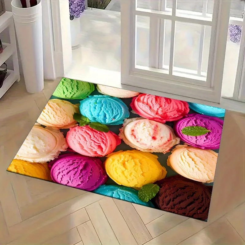 Colorful Ice Cream Doormat, Sweet Food Floor Rug, Non-Slip Welcome Mat for Kitchen Entryway Home Decor Gift