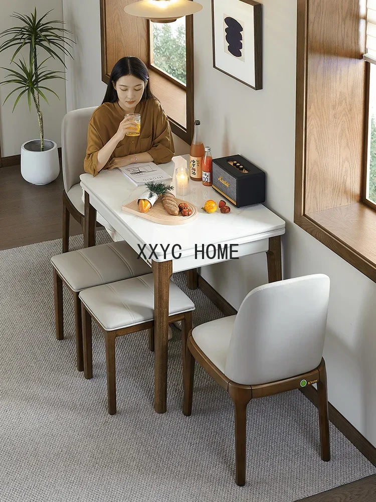 Bright Stone Plate Household Solid Wood Multi-Functional 4-Person Retractable Wall Dining Table