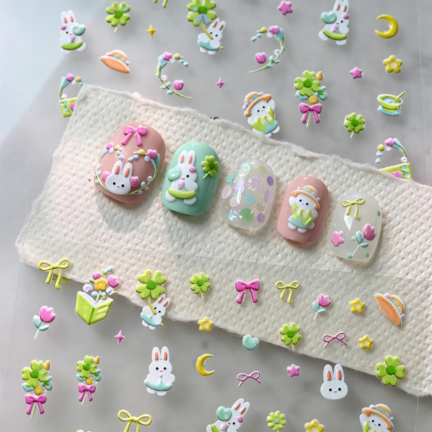 1 Sheet 5D White Rabbit Four-leaf Clover Nail Stickers Kawaii Straw Hat Bunny Bow Nail Decals Plant Flower Animal Manicure Decal
