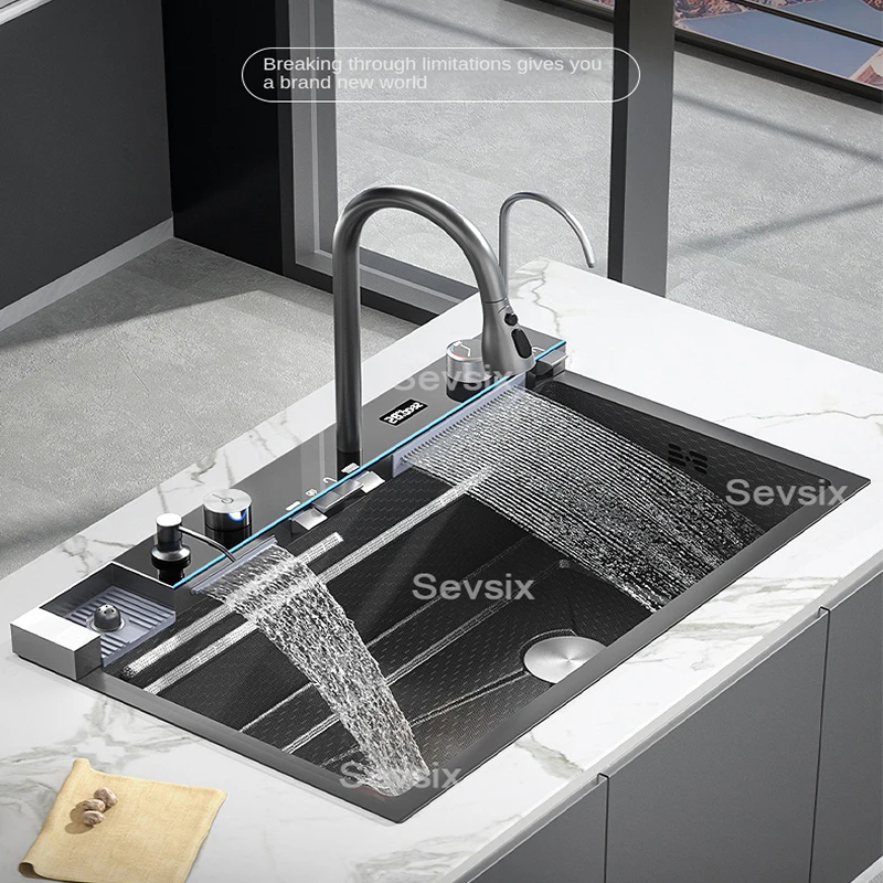 Sink Waterfall Kitchen Sink Large Single Slot Integrated Digital Display Faucet Set Kitchen Utensils Set Cold Hot Water Mixer