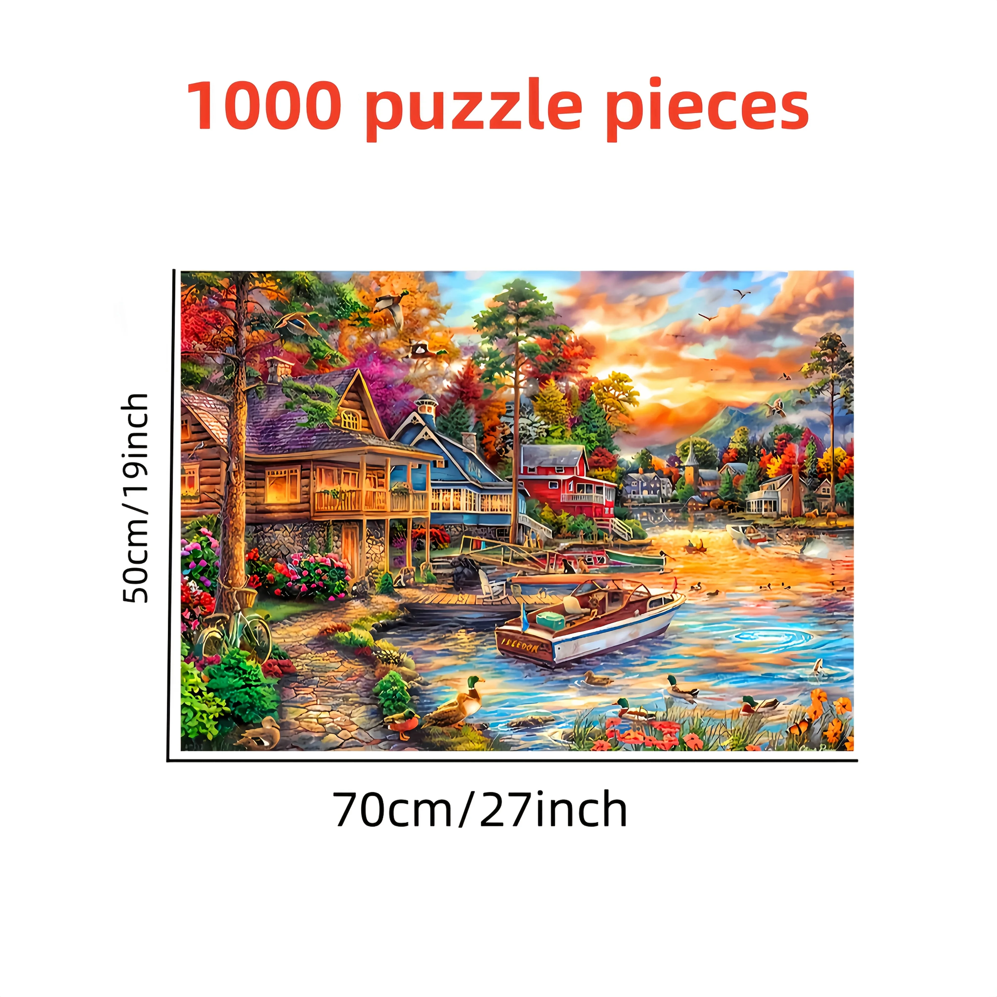 1000 peças quebra-cabeça de cabine junto a lago - jogo de quebra-cabeça desafiador com pôr do sol junto a lago sereno, barcos, patos, cabines rústicos - Vibr