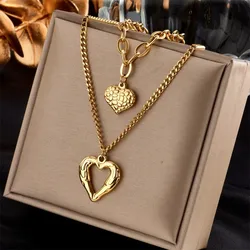 ZAKOL Stainless Steel Double Heart Pendant Necklace for Women Fashion Gold Color Stacked Waterproof Choker Jewelry Gift