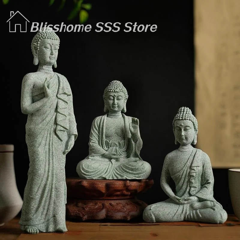 【S】1Pcs Mini Buddhism Figurine Desk Decor Home Zen Statue Green Sandstone Thailand Ornament Buddha Garden Statue Fish Tank