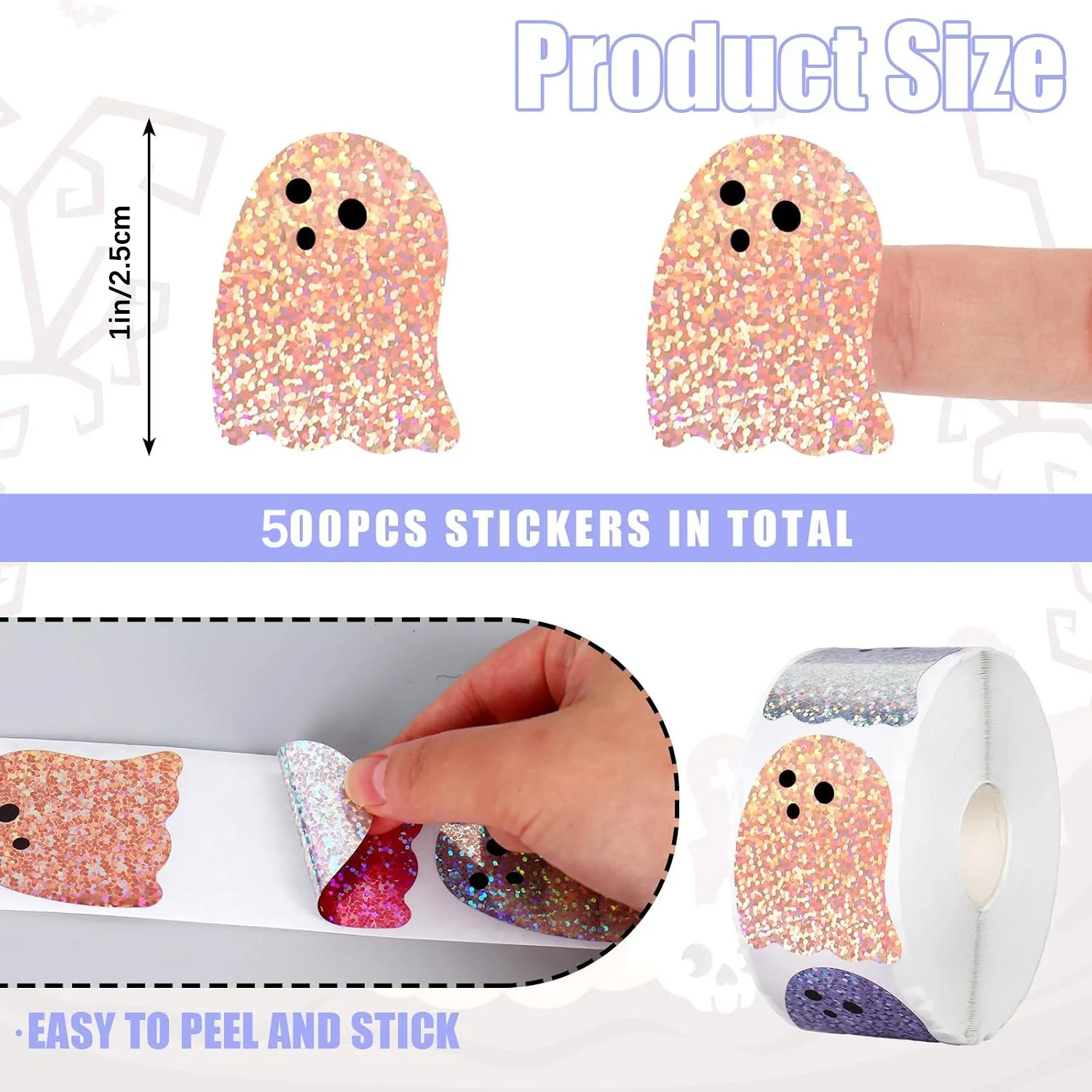 500pcs Halloween Ghost Stickers Roll Ghost Laser Stickers Decorative Self-Adhesive Paper Decals for Halloween Party Favors