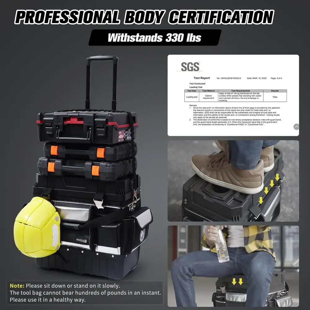 MARUTAI 18 Caixa de ferramentas rolante com rodas, alça telescópica, capa à prova d'água, capacidade de 330 libras, organizador para sentar ao ar livre e trabalhar