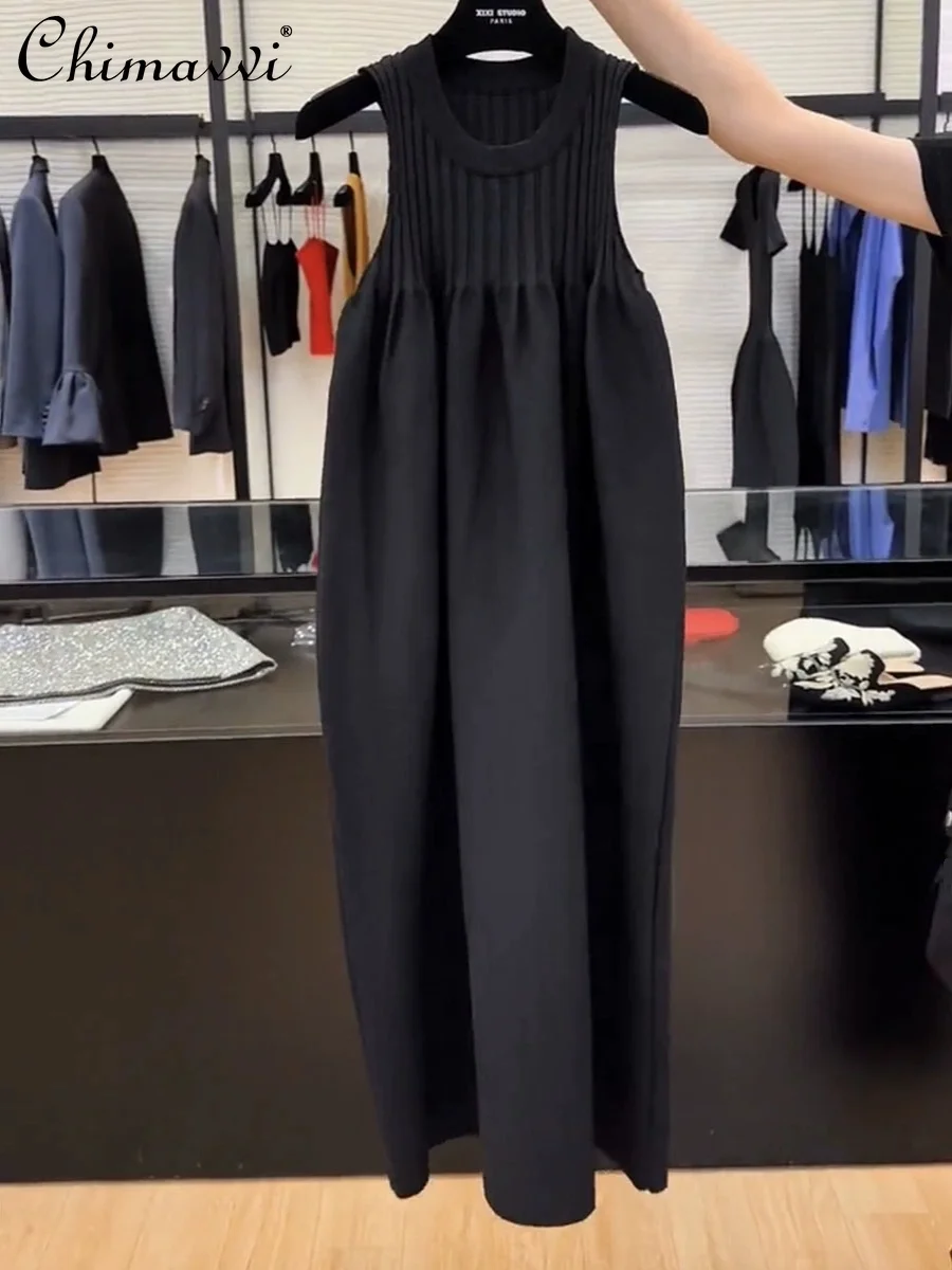 

2024 Summer New European High-end Black Sleeveless Round Neck Long Sleeve Dress Round Neck Loose Casual Women's Mid-length Dress