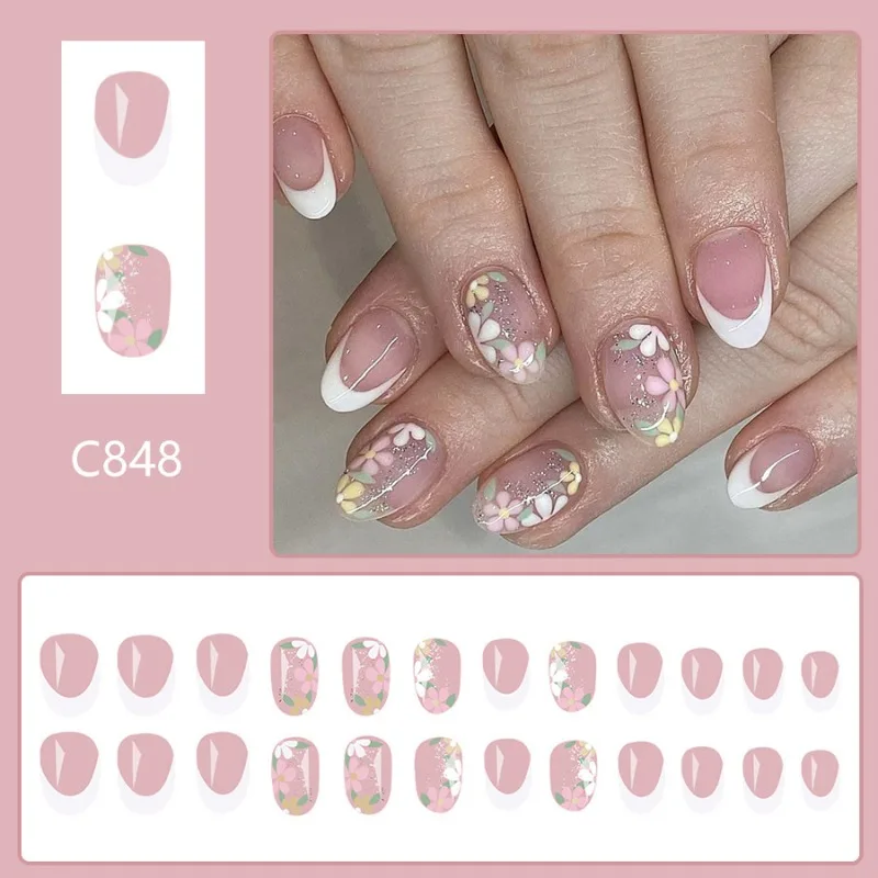 Short Glossy Oval Press-On Nails with French Glitter Tips Spring Flower Designs False Nail Tips for Women&Girls Manicure Look