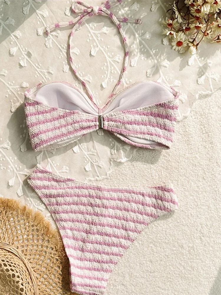 

Sexy Laced Up Striped Bikini 2 Piece Set for Women Split Swimsuit High Waist Beach Bikinis 2025 New Summer Swimwear Bikinis Set