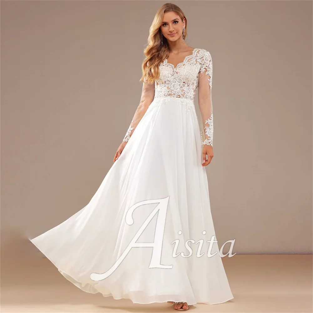 Elegant A-Line Bride Dresses V-Neck Floor-Length Chiffon Lace Sequins Wedding Dresses For Woman Wedding Dress Vestidos De Novia