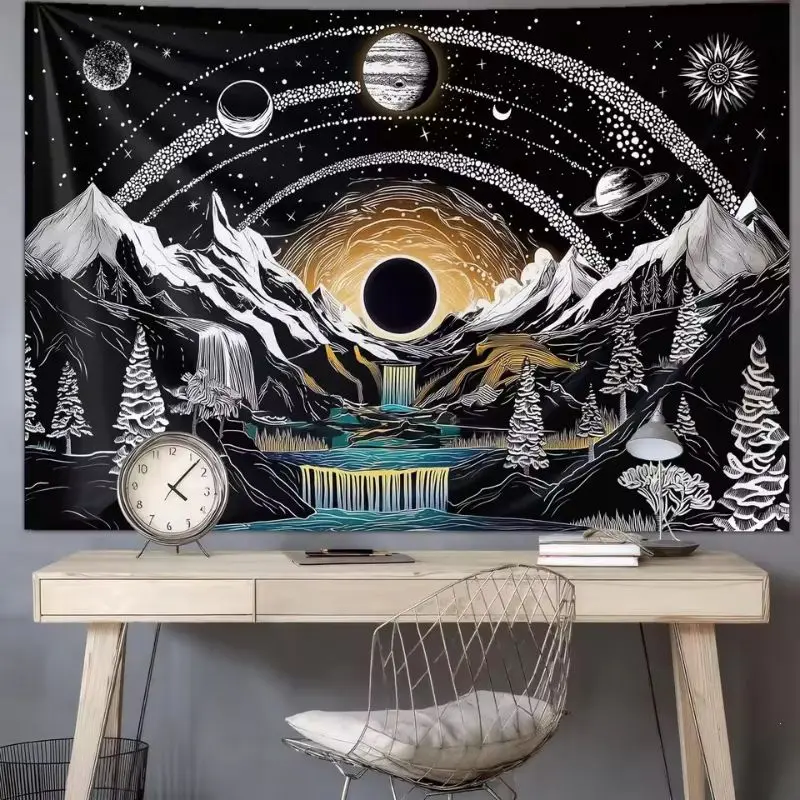 VIKAMA Mountain Planet Space Tapestry Universe Waterfall Forest Starry Sky Psychedelic Wall Hanging Bedroom Dorm Decor