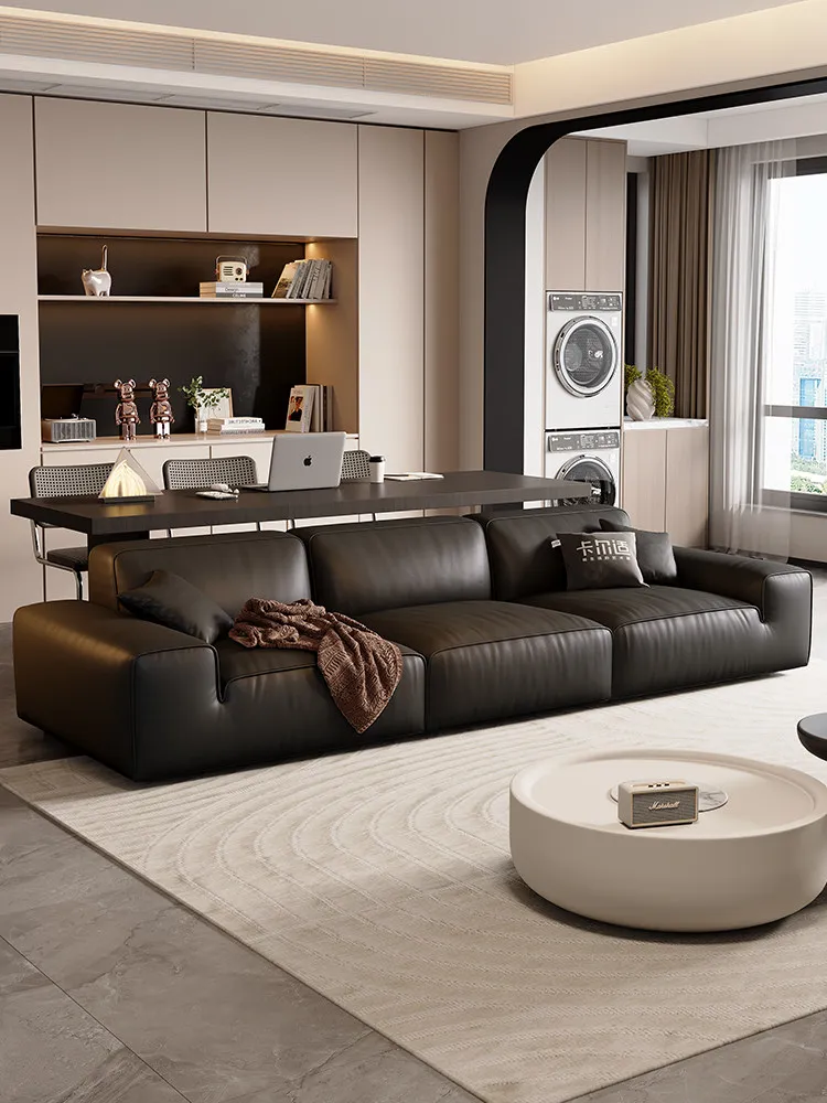 

Modular big black cow leather sofa Italian minimalist first layer cowhide light luxury small apartment sofa living