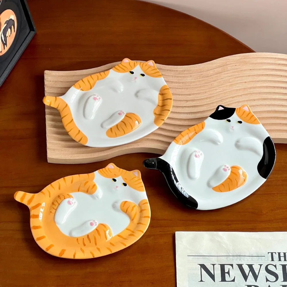Cute Cat Modeling Ceramic Plate 3D Embossed Kitten Fruit Dessert Plate Creative Cartoon Tableware Kitchen Breakfast Tray