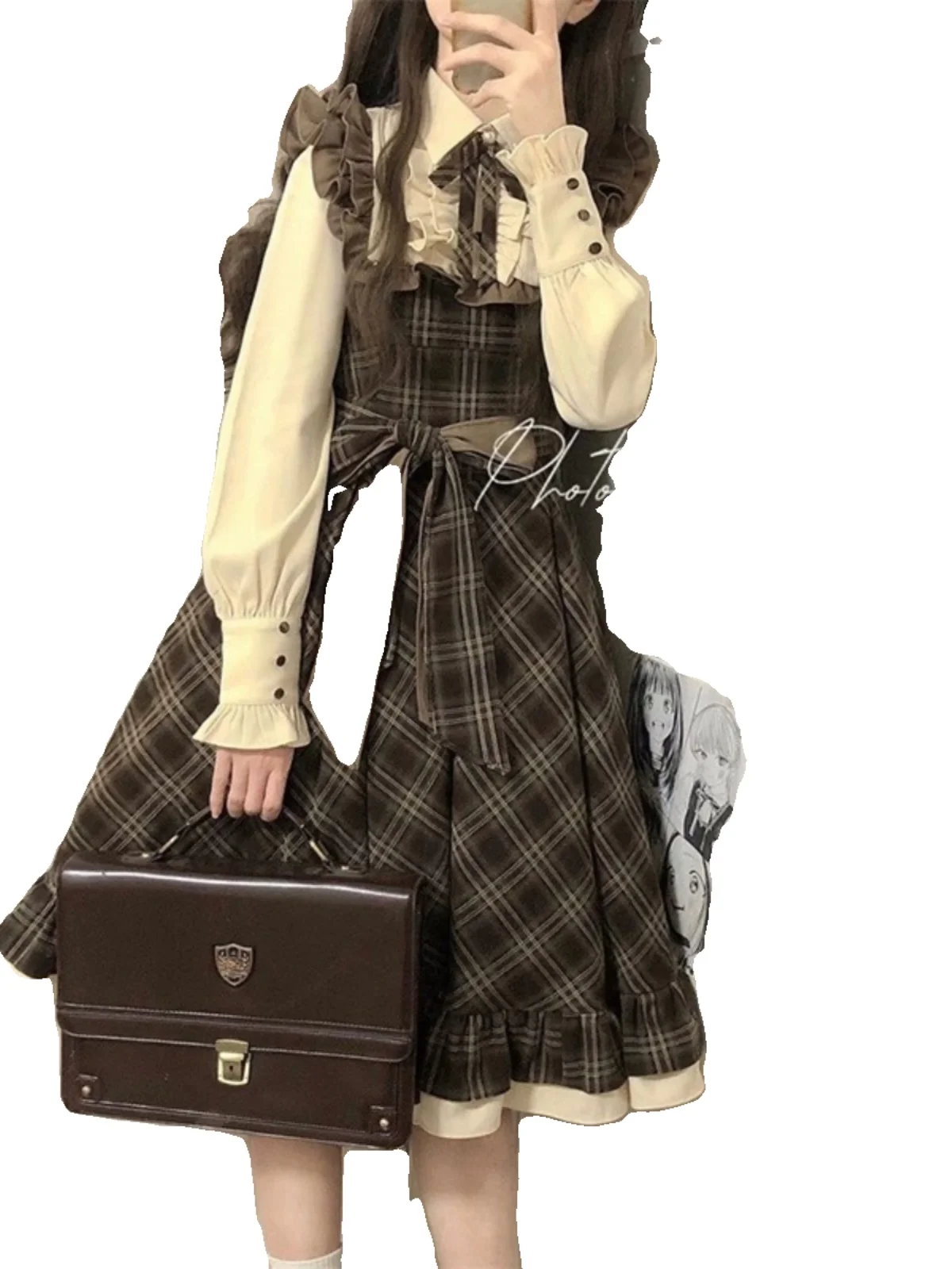 Sukienka Coalfell w stylu vintage, w kratę, z długim rękawem, jesienno-zimowa, w stylu Lolita, w stylu college, imitacja dwuczęściowej koszuli i spódnicy, słodka długa sukienka.