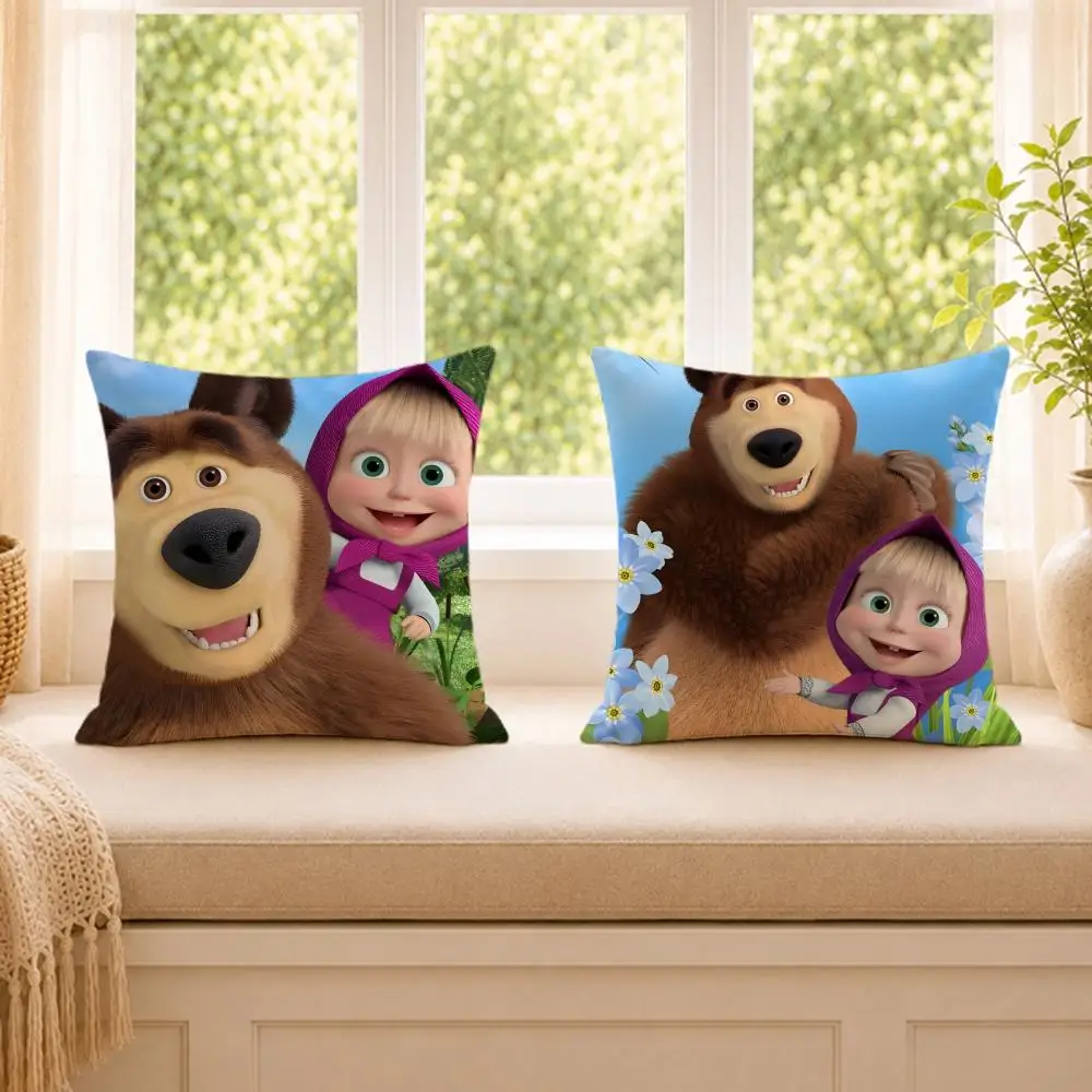 M-Masha And B-Bears Cushion Cover Wrinkle-Resistant Short Plush Cushion Covers Breathable Machine-Washable